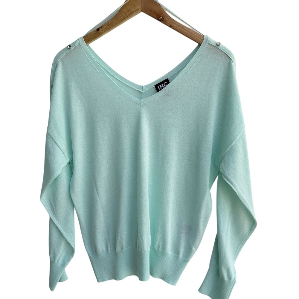 INC Double V-Neck Knit Rhinestone Sleeve Top Jade Large Cocktail NWT w/ Defect
